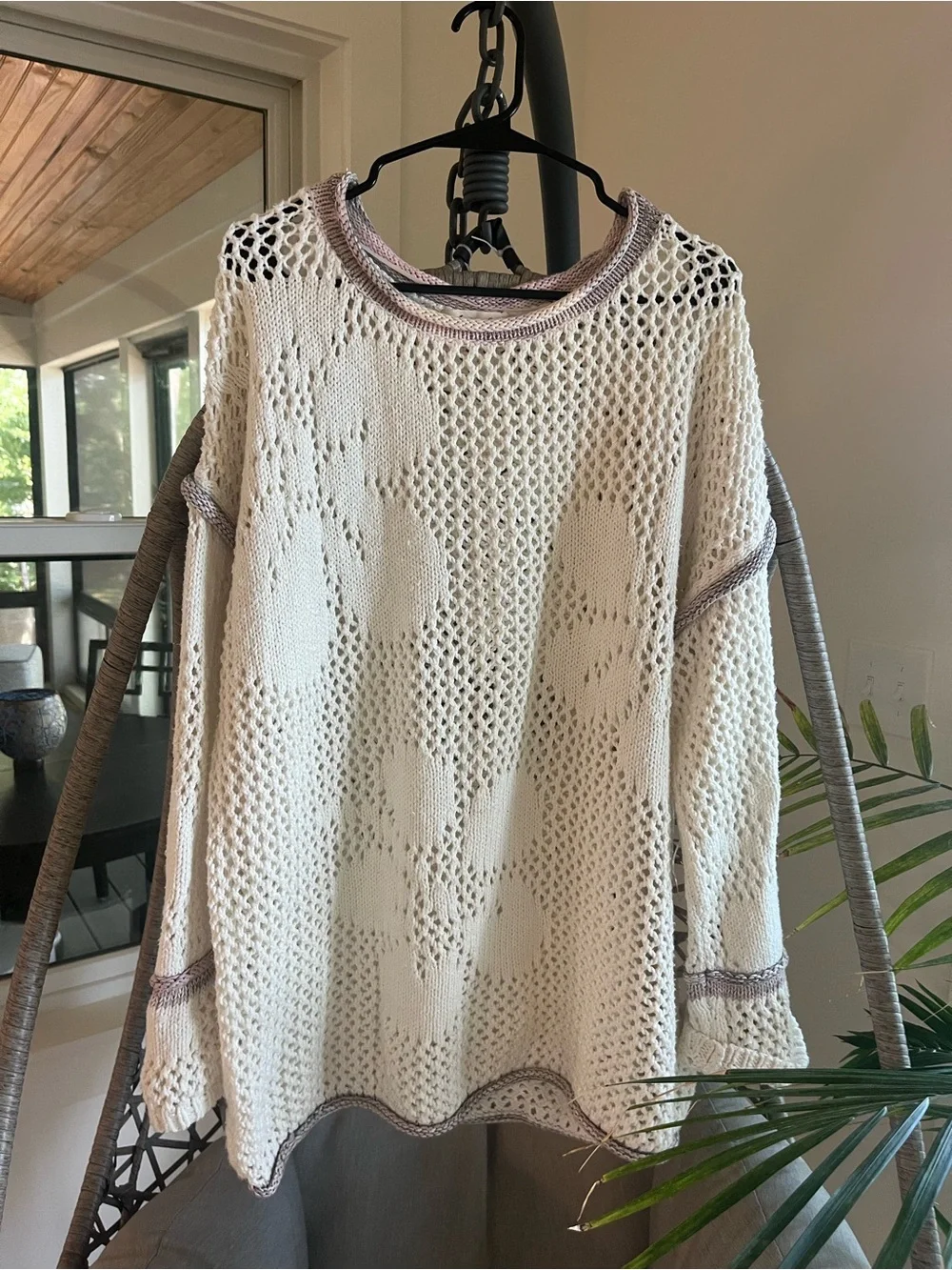 Free People Cream Open-Knit Scoop Neck Sweater with Contrast Trim
